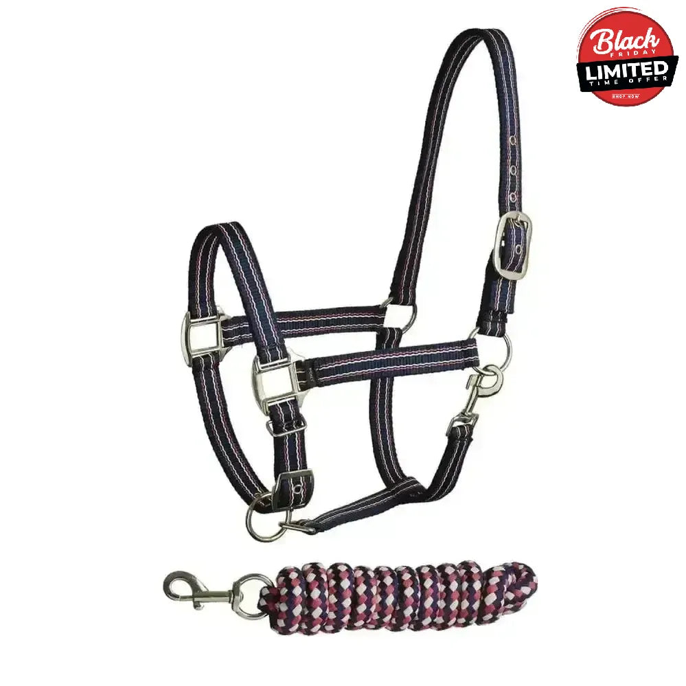 Bitz Stripe Two Tone Headcollar/Lead Rope Pony Pink/Navy Headcollar Sets