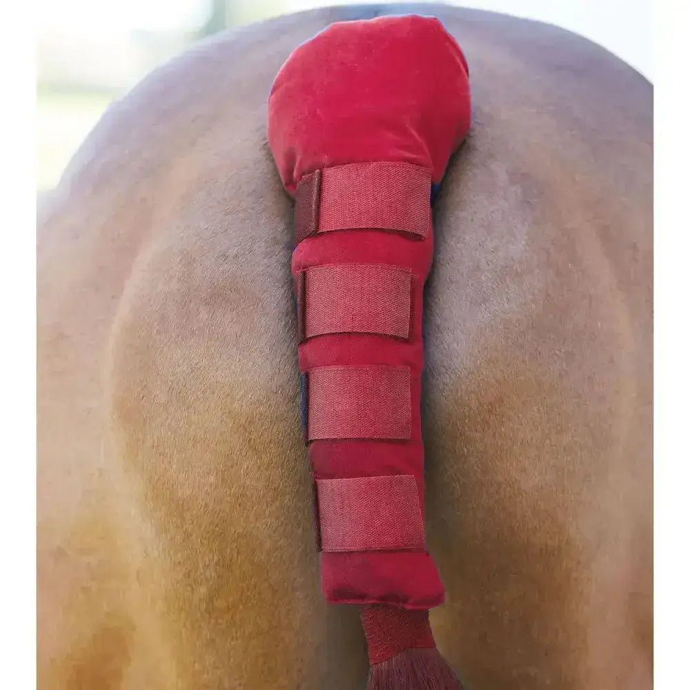 Red velvet bitz tail guard padded with adjustable velcro tabs for secure horse tail protection wrap