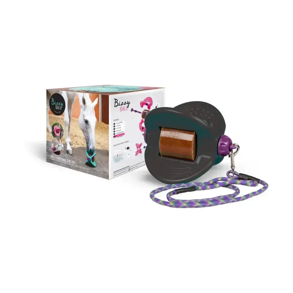 Bizzy ball complete is a black and purple multi-functional horse toy with a brown roller and braided leash for easy use