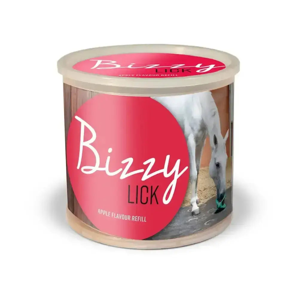 Pink-labeled bizzy lick refills apple flavor cylindrical container for horse licks and bizzy ball toy treats
