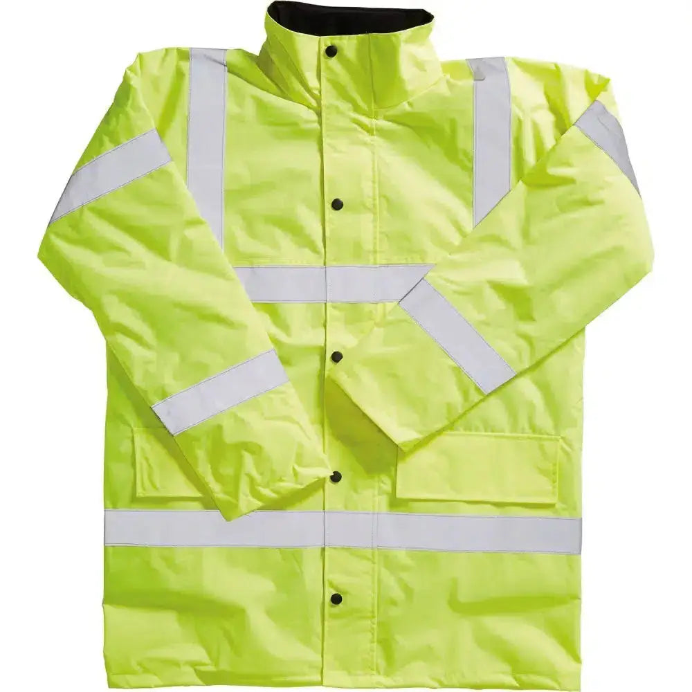 Bright yellow blackrock hi-vis coat adult with reflective white stripes black buttons and durable 300d fabric