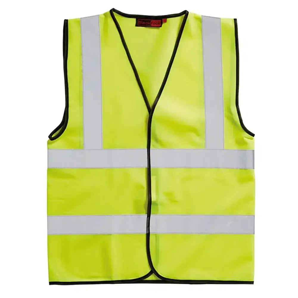 Bright yellow blackrock hi-vis waistcoat sleeveless adult with reflective silver stripes and black trim for safety