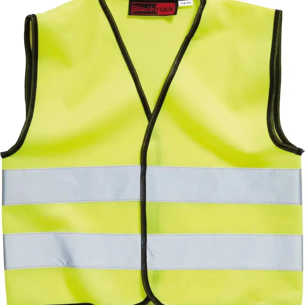 Bright yellow blackrock hi-vis waistcoat sleeveless child with black trim and two reflective silver stripes for safety