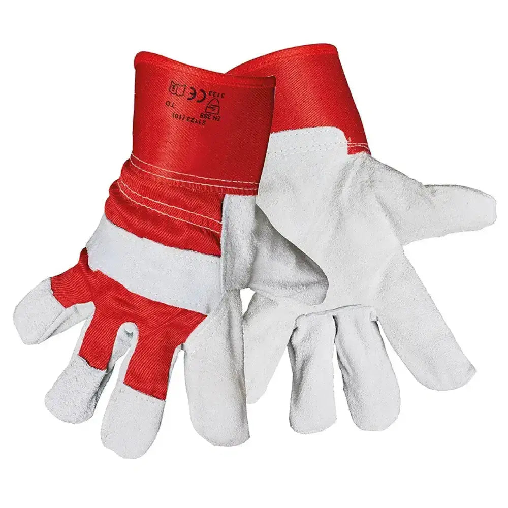 Red and white blackrock rigger gloves with reinforced leather palms and fingers for tough manual labor use