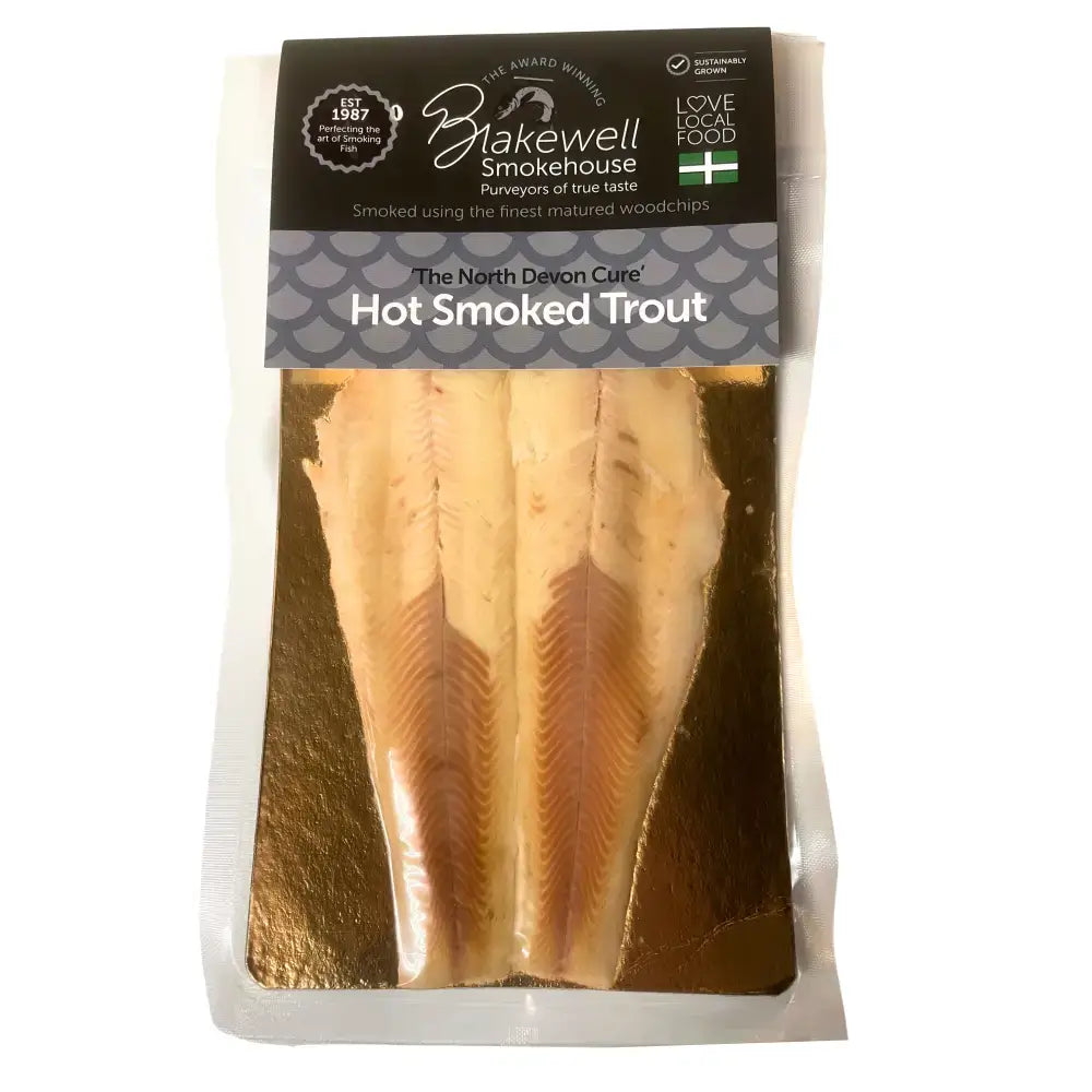 Blakewell smokehouse devon hot smoked rainbow trout fillets in vacuum sealed package called the north devon cure