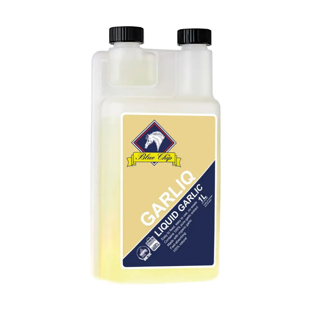 Blue chip feed garliq liquid garlic supplement in a 1l transparent plastic bottle with black cap and horse logo label