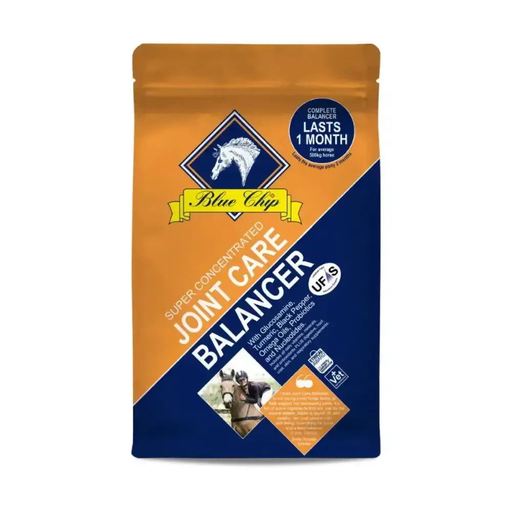 Orange and blue pouch of blue chip feed joint care super concentrated joint balancer for horses