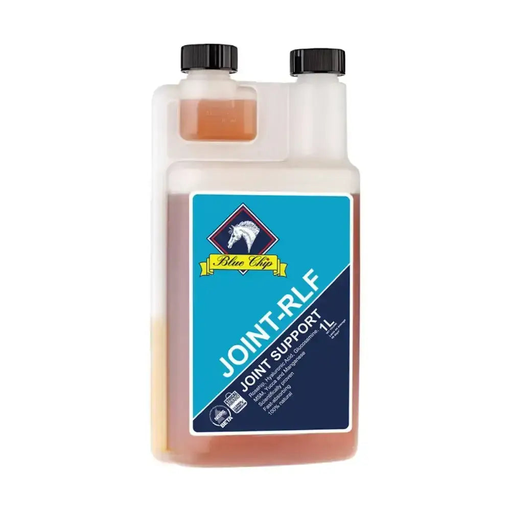 Blue chip feed joint rlf liquid joint supplement in a clear bottle with black cap and amber-colored liquid inside