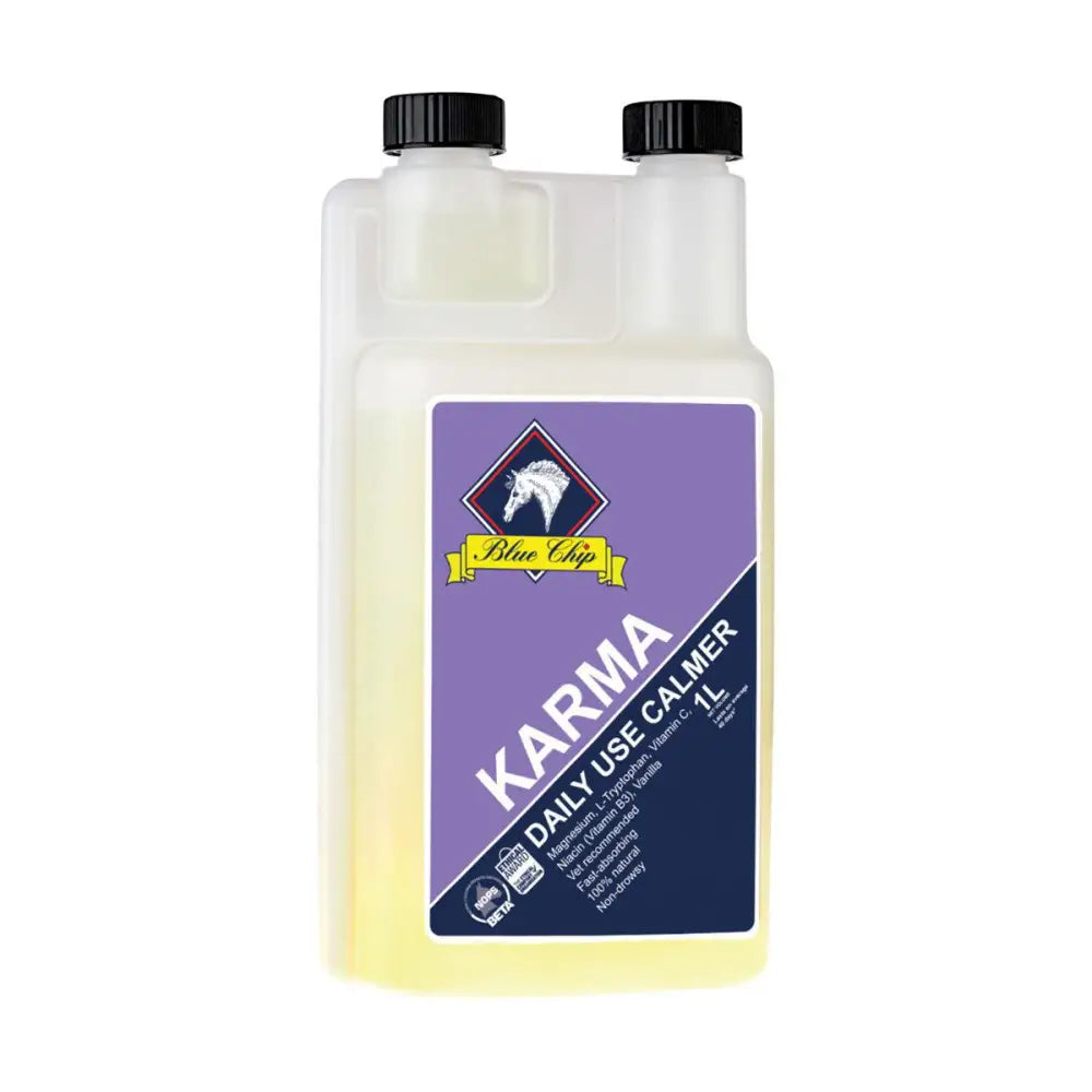 Blue chip feed karma liquid horse calming supplement in a 1l clear plastic bottle with black caps and purple label
