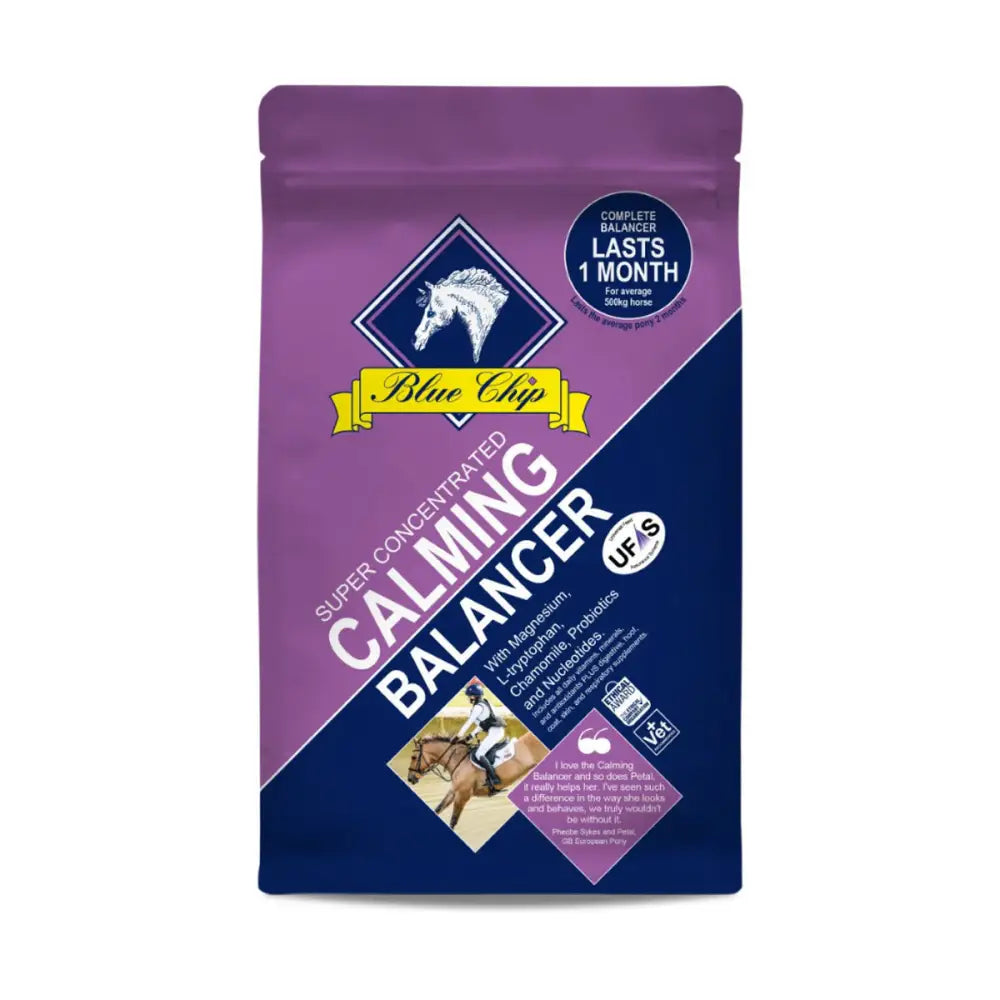 Purple and blue pouch of blue chip feed super concentrated calming balancer for horses with triple action calming