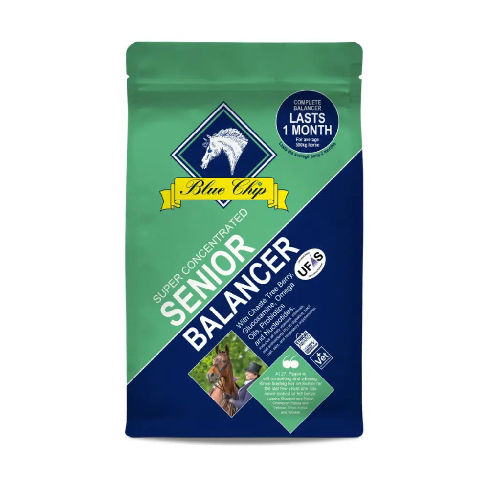Green and blue pouch of blue chip feed super concentrated senior balancer horse feed for senior horses
