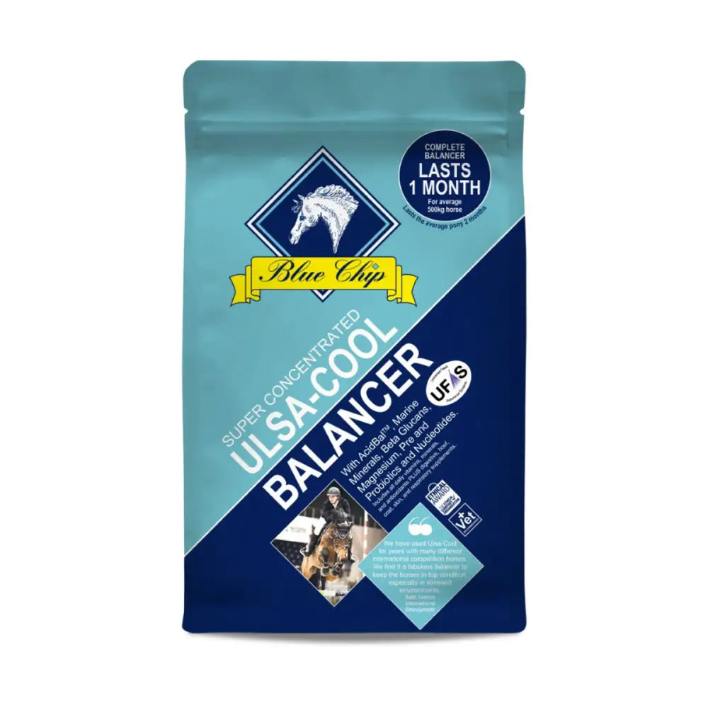 Blue chip feed super concentrated ulsa-cool balancer in teal and navy pouch with diamond horse head logo