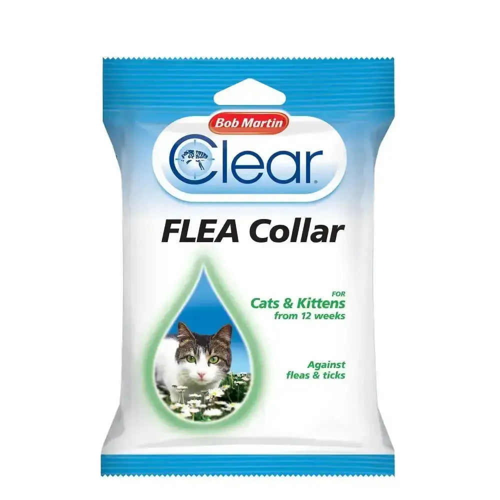 Bob martin clear flea collar for cats and kittens in blue and white bag with cat image for flea protection