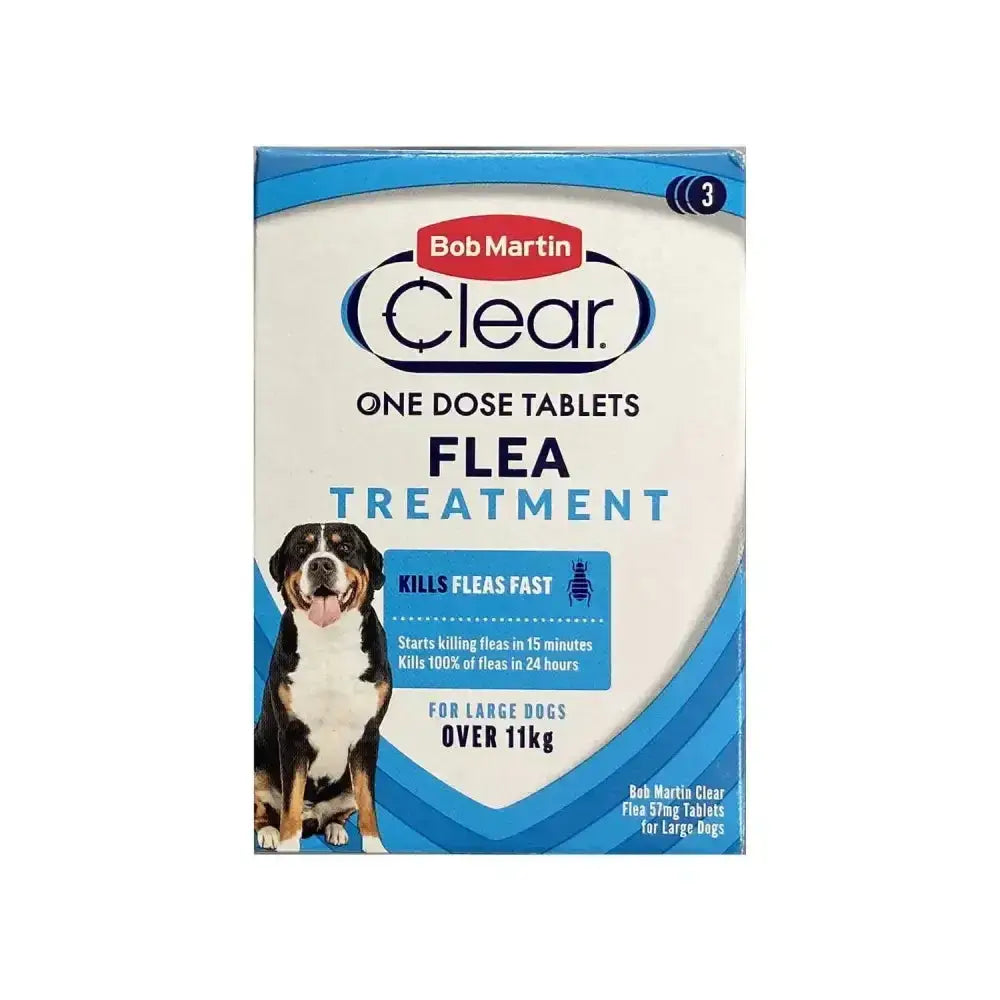 Bob martin clear flea tablets for large dogs over 11kg in a blue and white box with a tri-color dog image