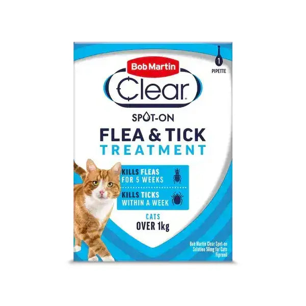 Bob martin clear spot on flea and tick treatment for cats over 1kg in blue and white box with orange tabby cat image
