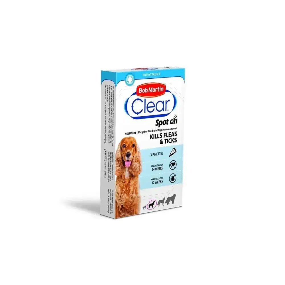 Bob martin clear spot on flea and tick treatment for medium dogs 10-20kg in a blue and white box with a golden cocker spaniel