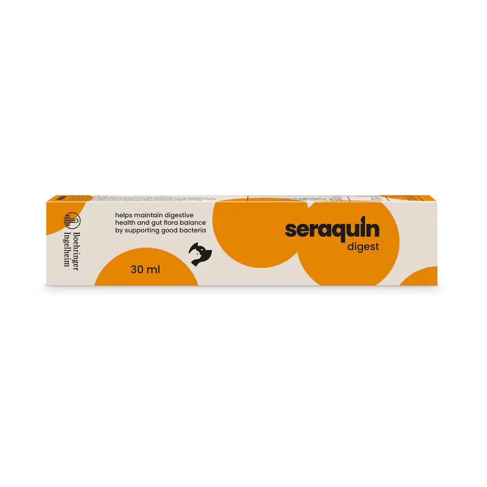 Orange and white rectangular box of boehringer-ingelheim seraquin digest tasty paste probiotic for cats and dogs to fight bad bacteria