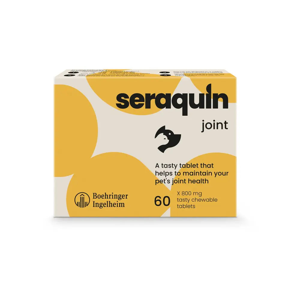 Yellow and white box of boehringer-ingelheim seraquin joint tablets with 60 chewable tablets for pet joint health