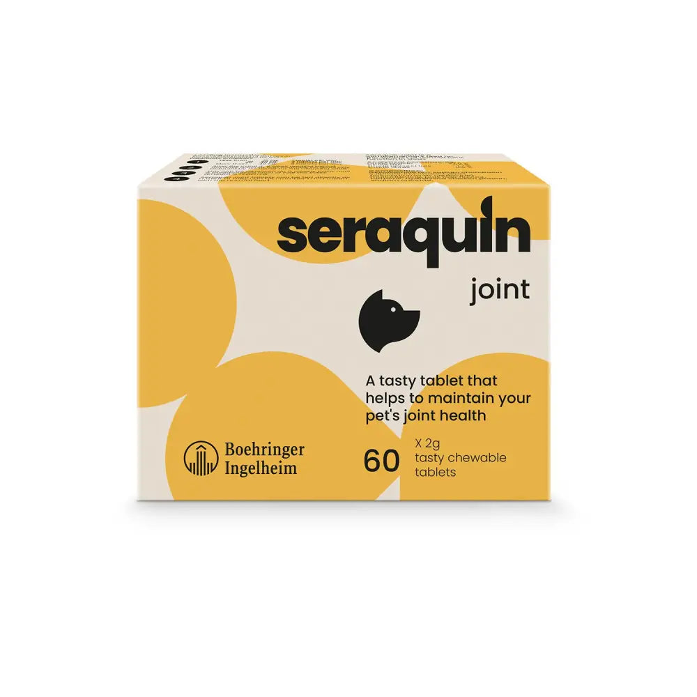 Yellow and white box of boehringer-ingelheim seraquin joint tablets for dogs supports joint health