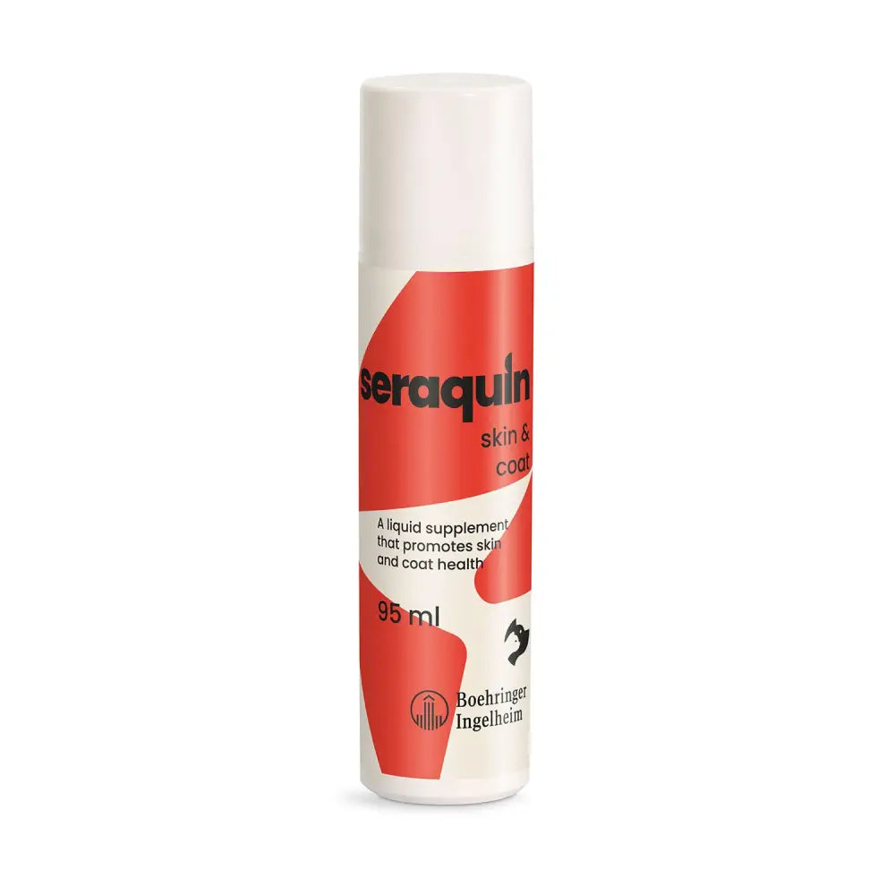 Red and white cylindrical bottle of boehringer-ingelheim seraquin skin supplement with essential fatty acids for cats and dogs