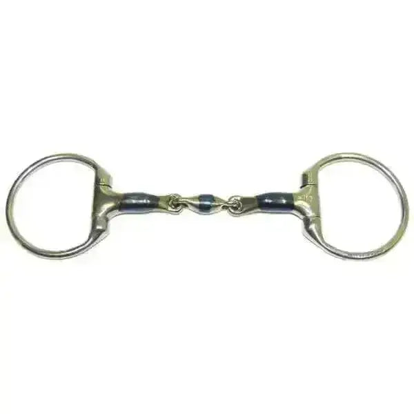 Silver bombers bits eggbutt elliptical lock up with dark blue enamel accents on horsebit rings and central joint