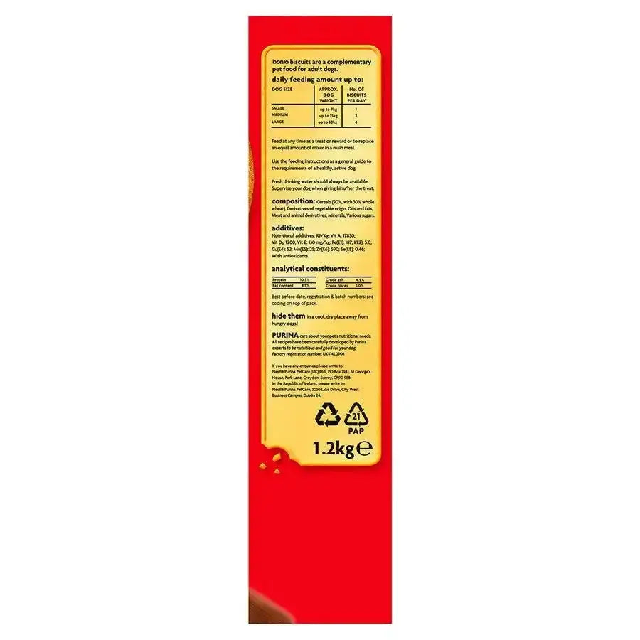 Red cardboard box of purina bonio dog biscuit original chicken dog biscuits with yellow label showing feeding instructions