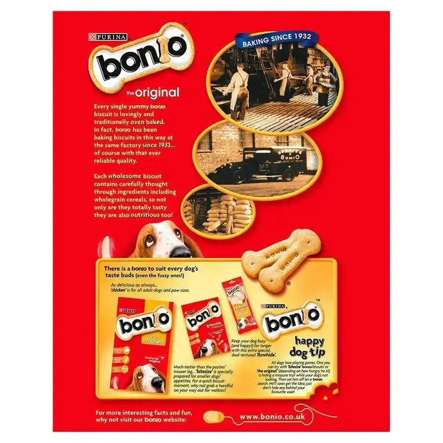 Red package of purina bonio dog biscuit original chicken dog biscuits with bone shaped treats and white logo text