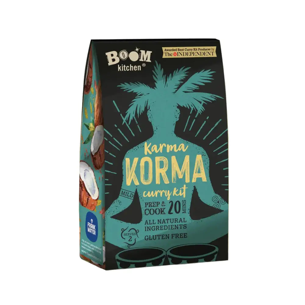 Boom kitchen karma korma premium recipe kit in black and teal packaging with palm tree graphics for easy curry making