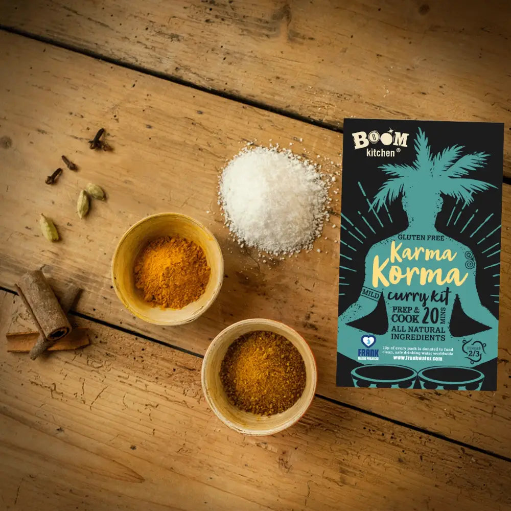 Boom kitchen karma korma premium recipe kit in vibrant teal and black packaging with palm tree graphics