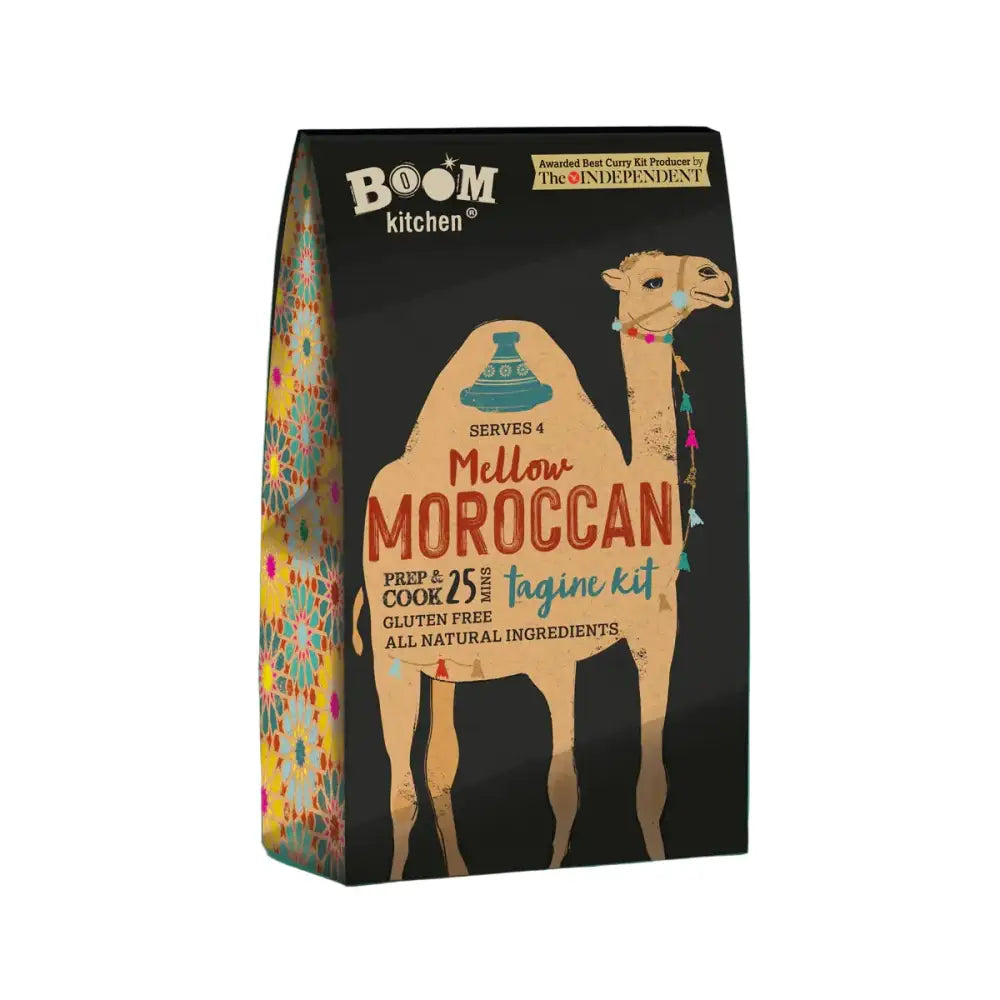 Boom kitchen mellow moroccan premium recipe kit in black beige package with colorful camel illustrations