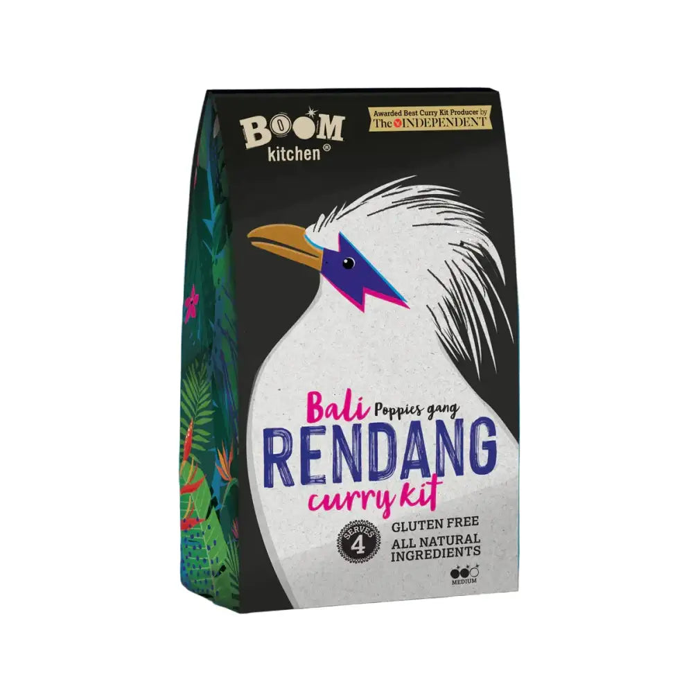 Boom kitchen poppies gang bali rendang curry kit in black and white package with colorful tropical design
