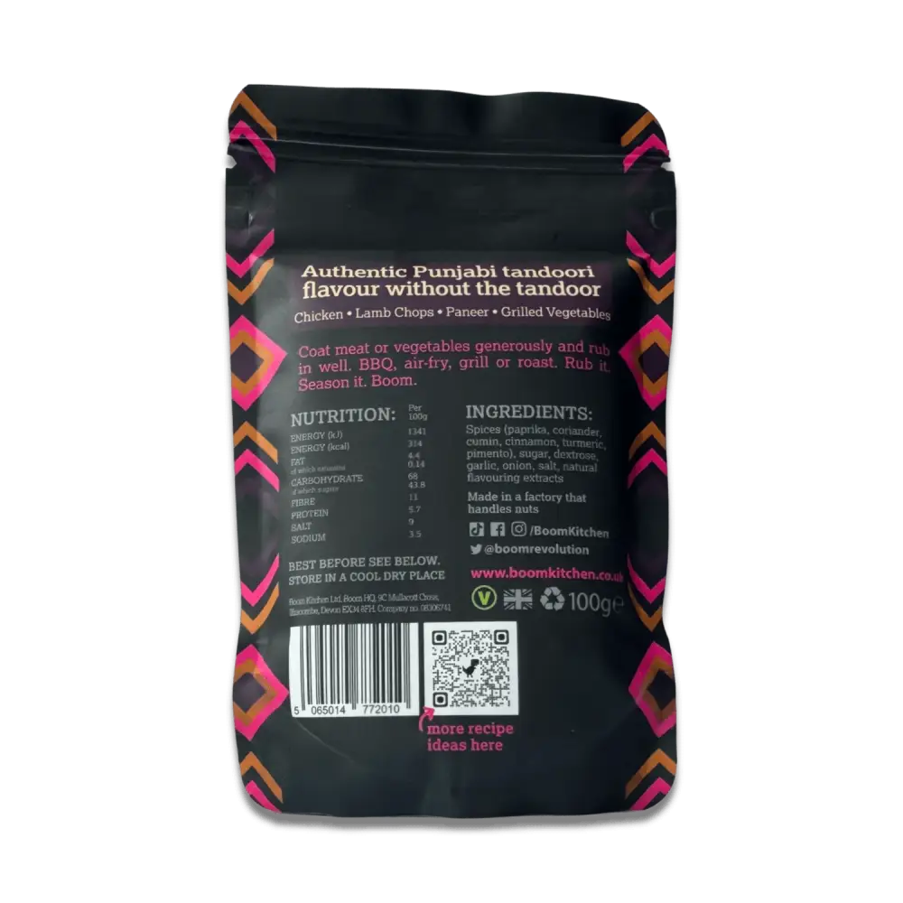Black pouch with vibrant pink and orange geometric patterns for boom kitchen punjab tandoori meat rub seasoning