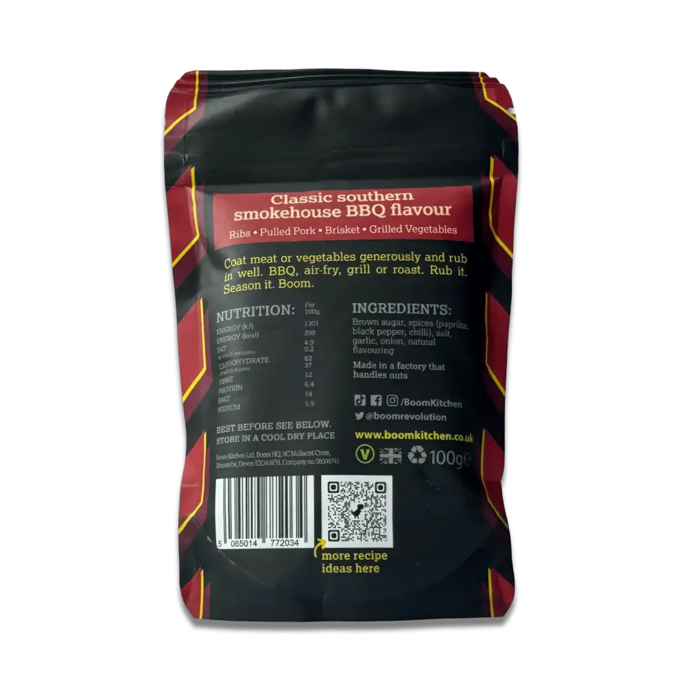 Black and red pouch with yellow trim featuring boom kitchen tennessee smokehouse meat rub for pulled pork or veggies