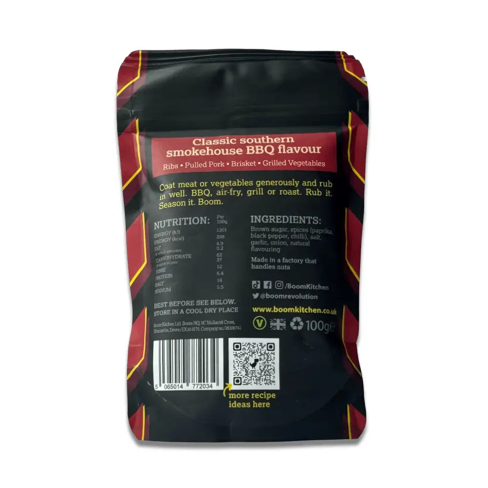 Black and red pouch with yellow trim featuring boom kitchen tennessee smokehouse meat rub for pulled pork or veggies