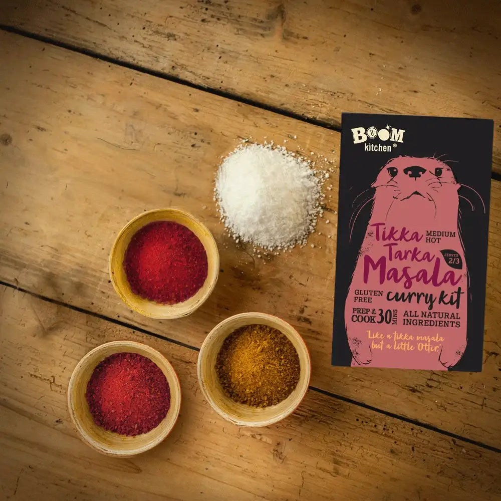 Boom kitchen tikka tarka masala premium recipe kit medium hot in black and pink package with otter illustration