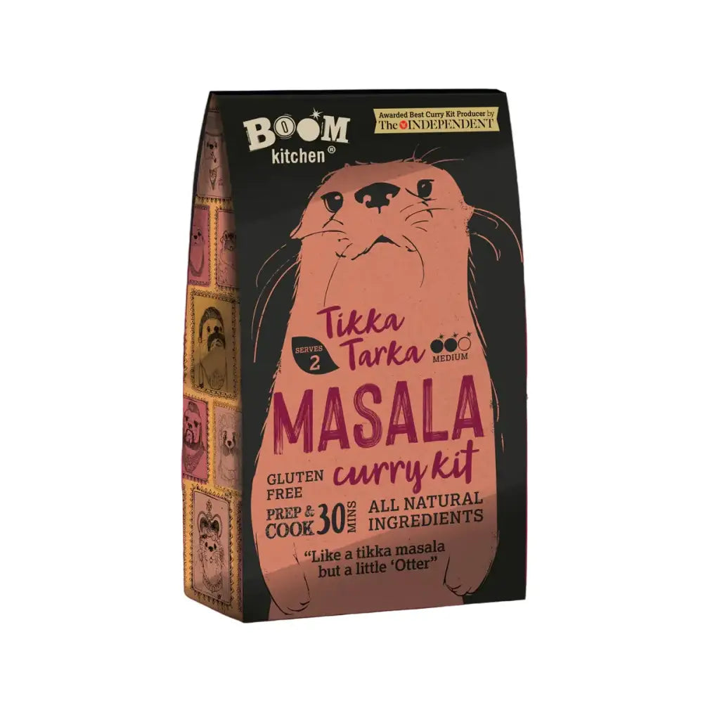 Boom kitchen tikka tarka masala premium recipe kit in black and pink packaging with illustrated otter design