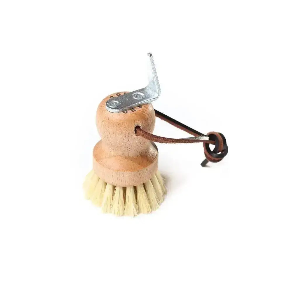 Borstiq stubby hoof pick brush with wooden handle natural bristles and brown leather strap for easy cleaning