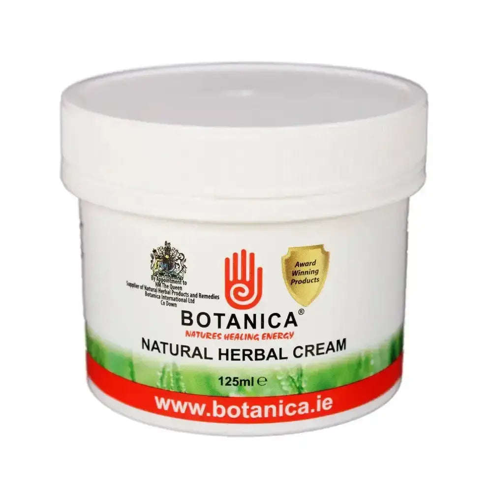 White plastic jar of botanica natural herbal cream with red green label and 125ml volume for natural herbal creams