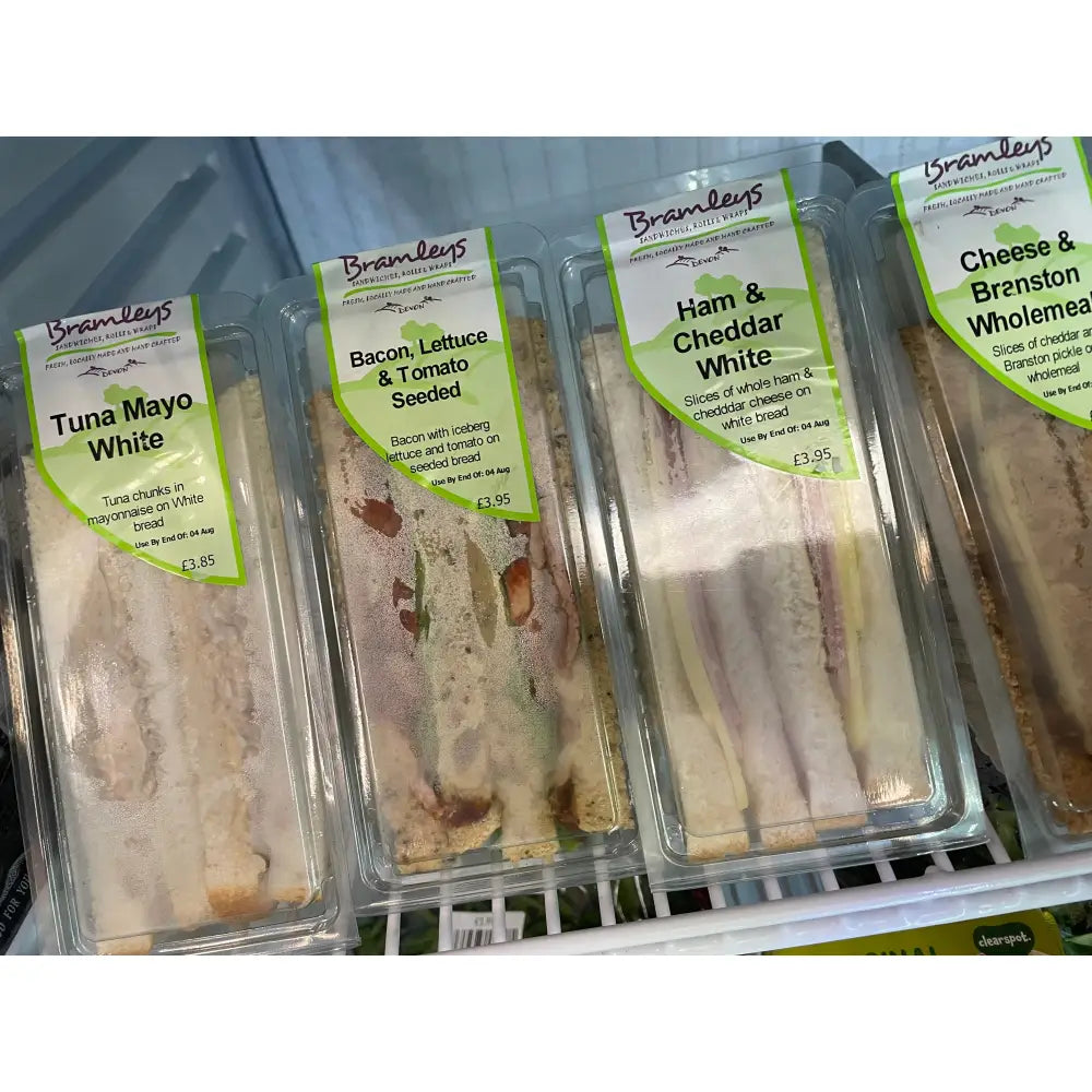 Bramleys sandwiches ham and cheddar white sandwich in clear plastic with green labeling perfect for horse riders and equestrian fans