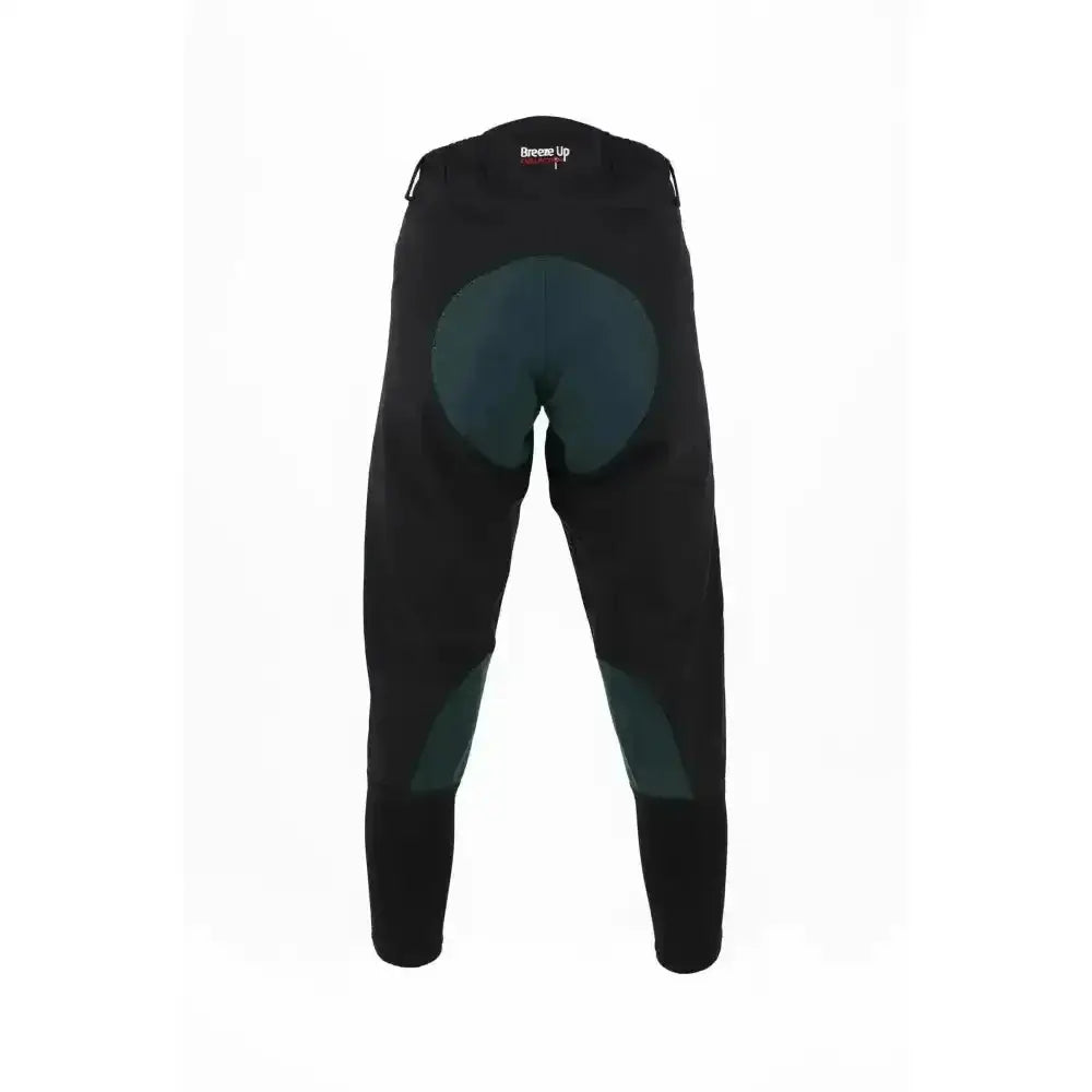 Back view of black breeze up exercise breeches with dark green optional contrasting seat and knee panels technical teflon coated
