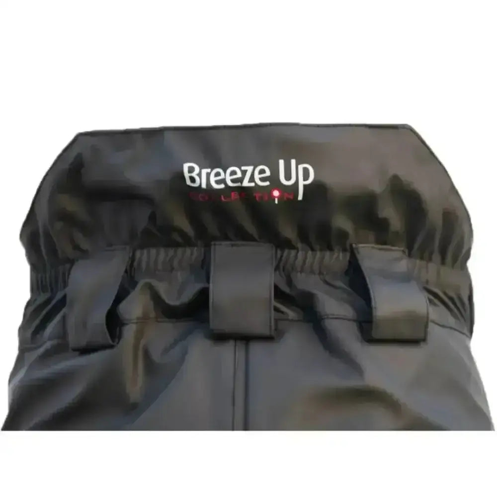 Black fabric back cover of breeze up monsoon winter waterproof trousers with logo and three adjustable strap closures