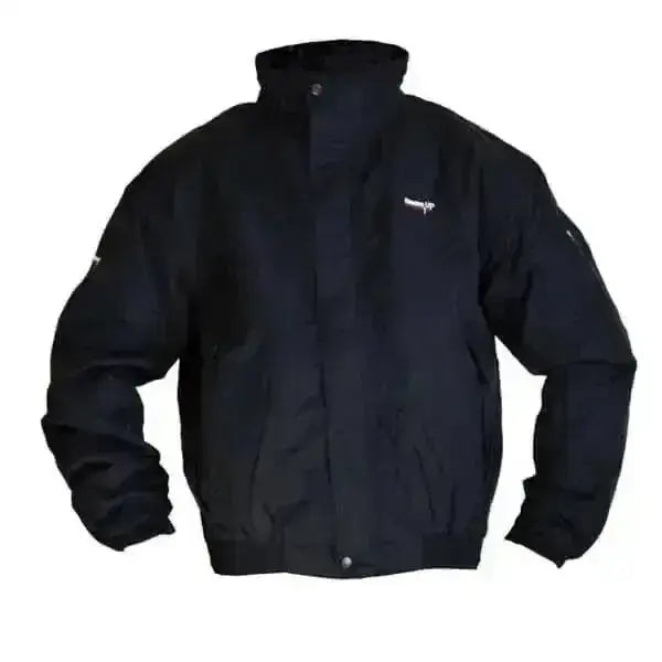 Black waterproof winter riding jacket breeze up with high collar tough fleece lined and subtle white logo on chest