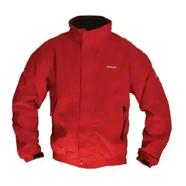 Red winter waterproof blouson with black fleece lining and zipper details perfect for kids riding jackets