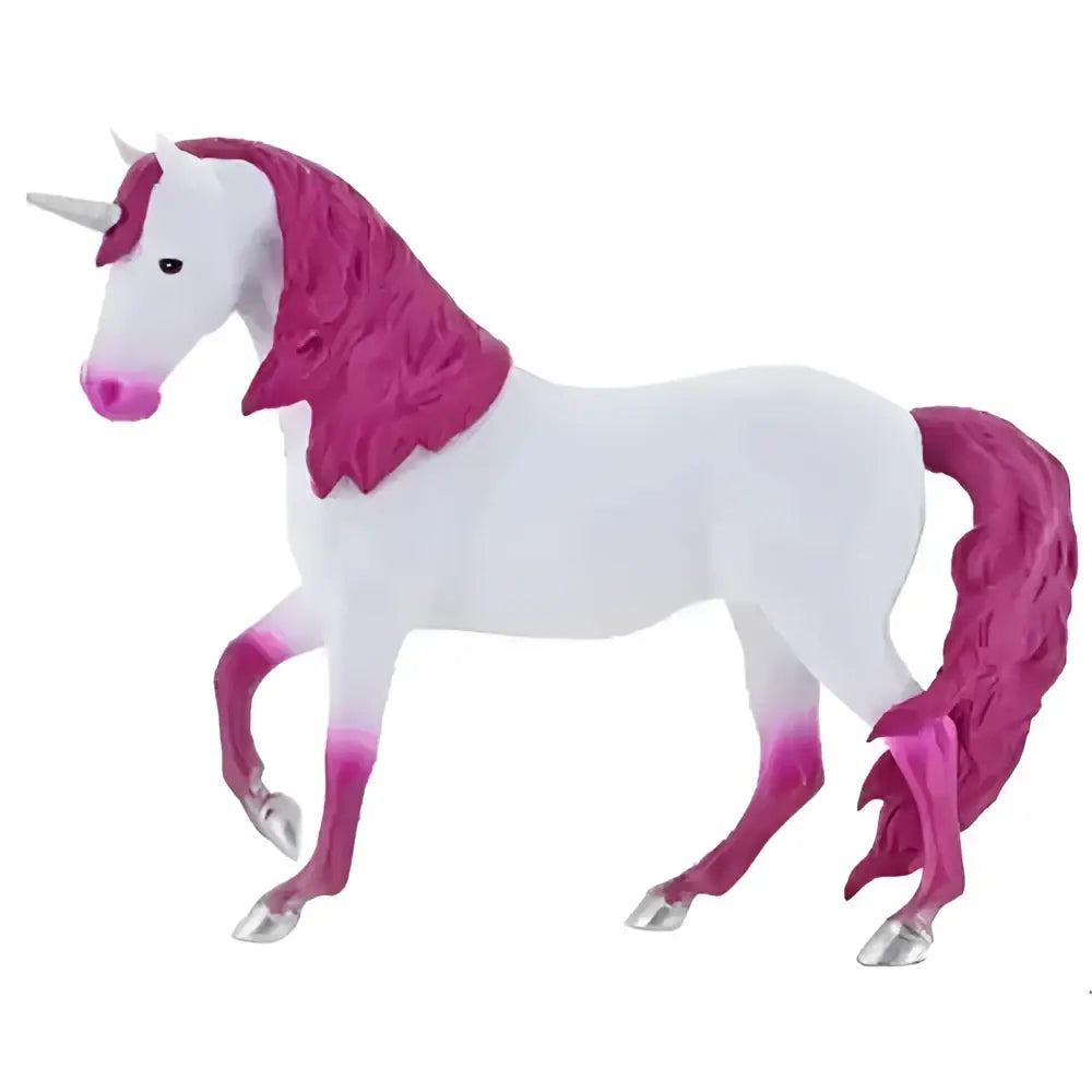 A breyer paddock pals unicorn figurine with white body, magenta mane tail and hoof tips, silver horn, and metallic hooves