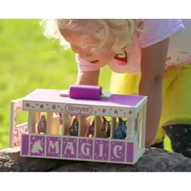 Purple and white breyer unicorn magic wooden carry case with star decorations and magic horse trick box design