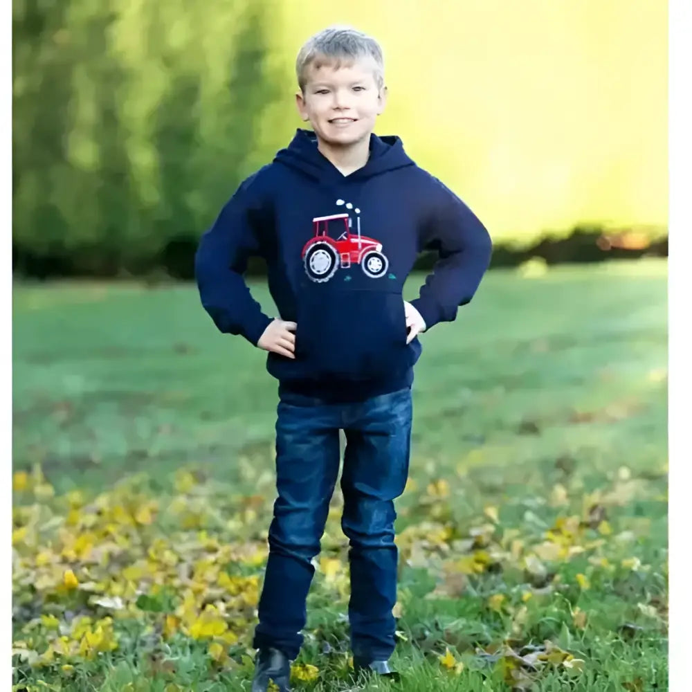 Navy blue childrens hoodie from british country collection with big red tractor applique on front perfect for kids