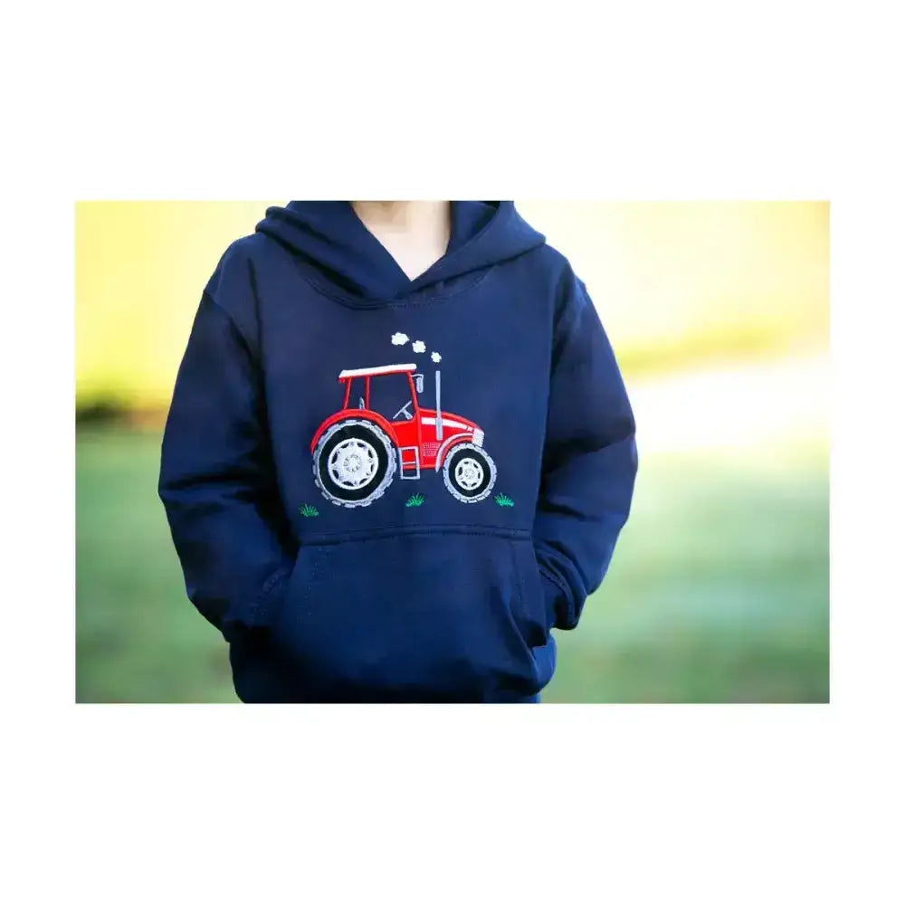 Navy blue hoodie from british country collection featuring red tractor childrens applique with white wheels and green grass accents