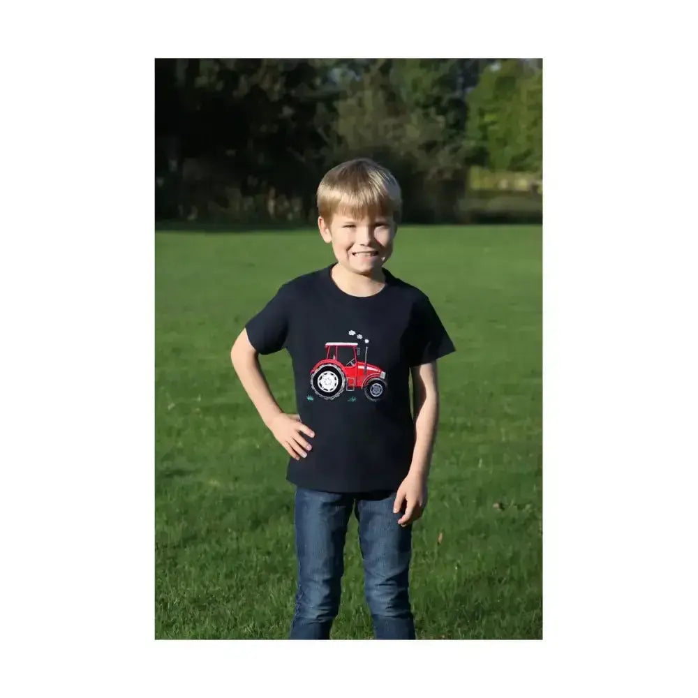 Black short sleeve t-shirt from british country collection with big red tractor childrens graphic and white wheels