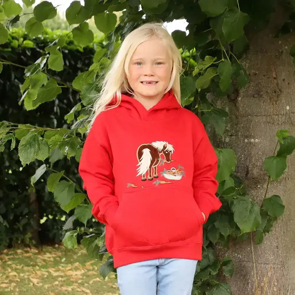 Red hooded sweatshirt from british country collection with embroidered brown and white carrot pony childrens design