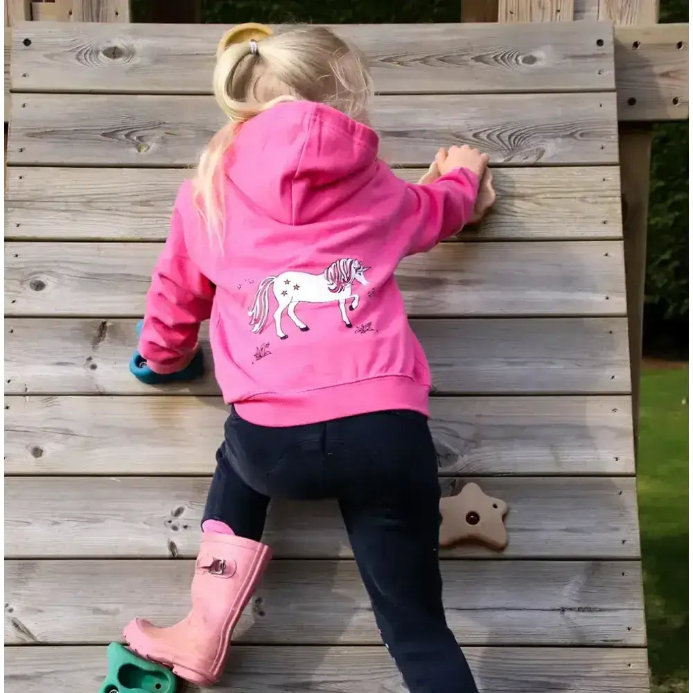 Pink hoodie from the british country collection showing the back with a white dancing unicorn childs graphic design
